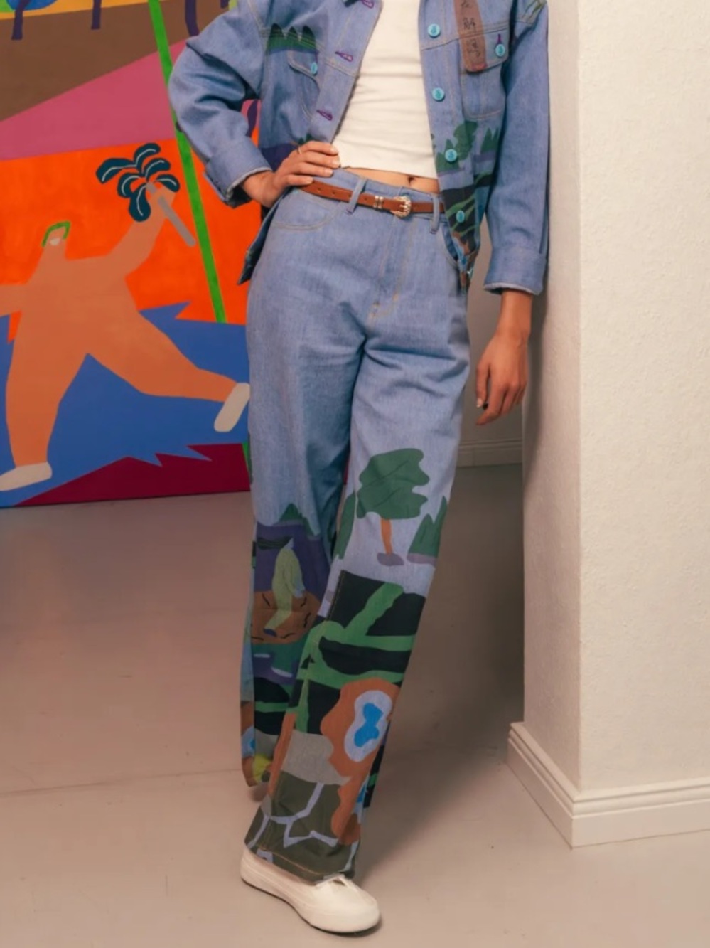 Lee x Ruohan Wang Rose Garden Printed Wide Leg Denim Jeans Cotton Blue Size 30